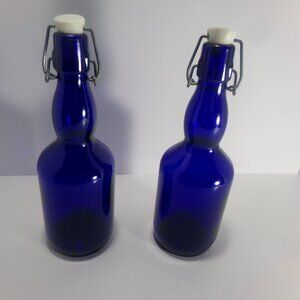 Vintage Lot 2 Cobalt Blue Glass Bottles 10" With Wire Bail Swing top Stopper